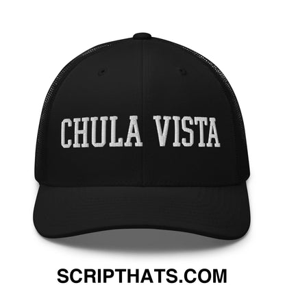 Chula Vista Varsity College Block Embroidered Mesh Trucker Hat Black