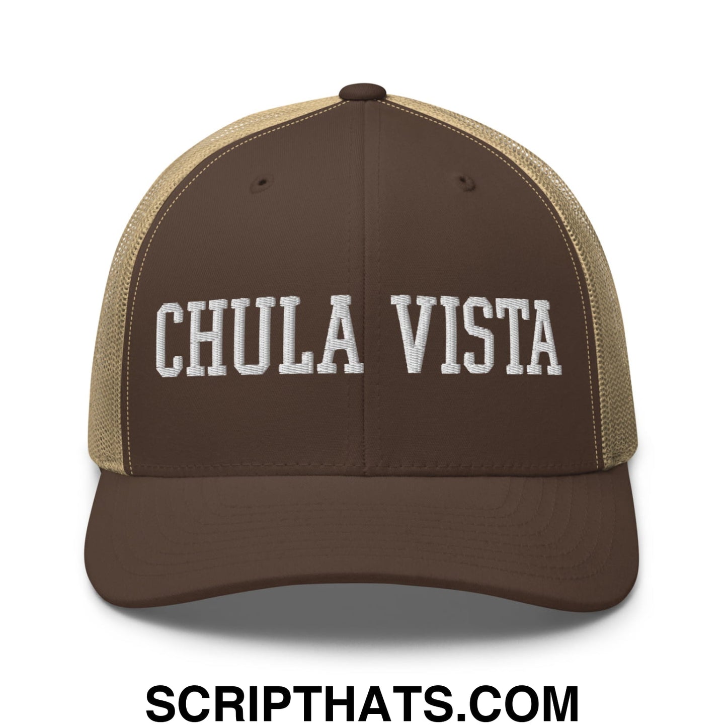 Chula Vista Varsity College Block Embroidered Mesh Trucker Hat Brown Khaki