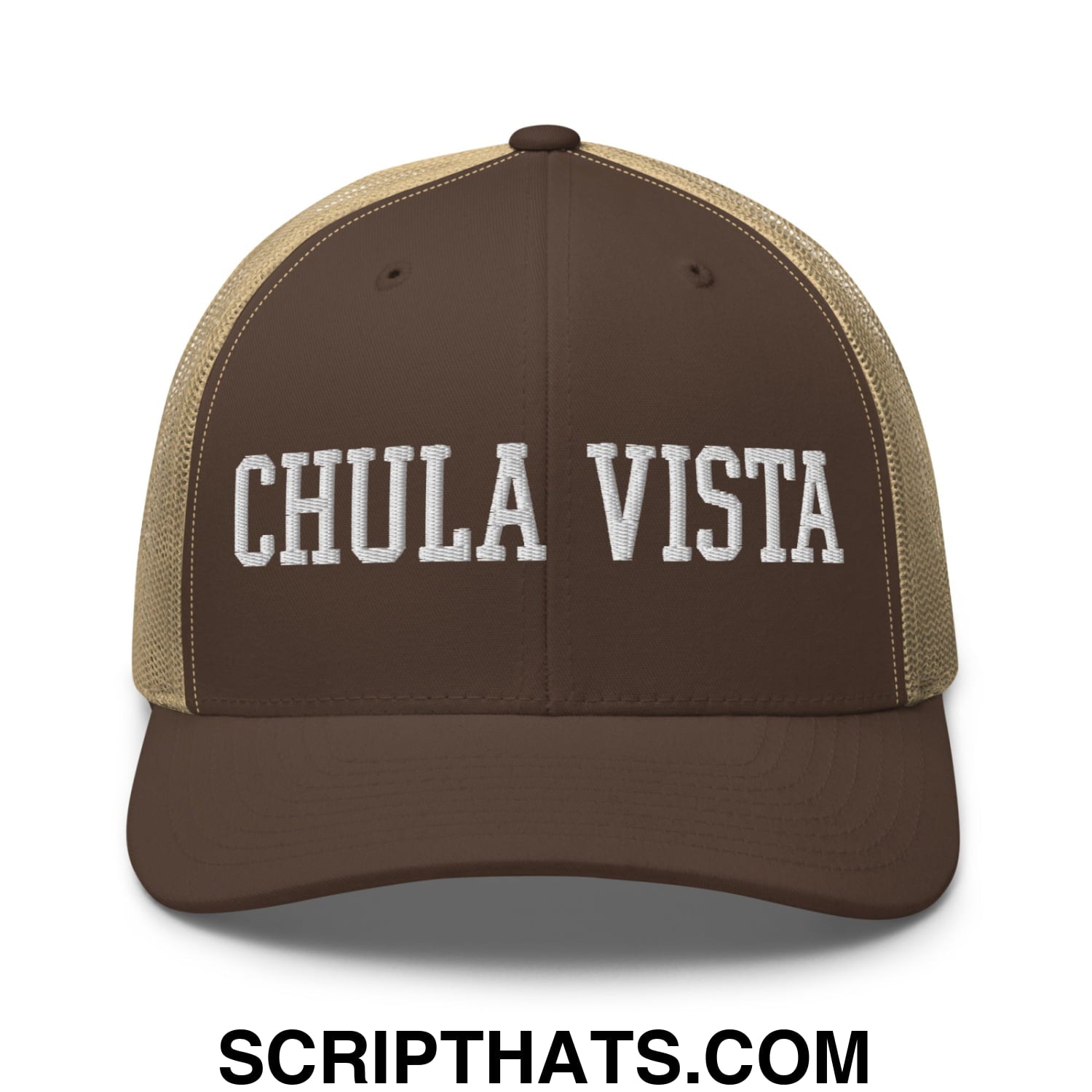 Chula Vista Varsity College Block Embroidered Mesh Trucker Hat Brown Khaki
