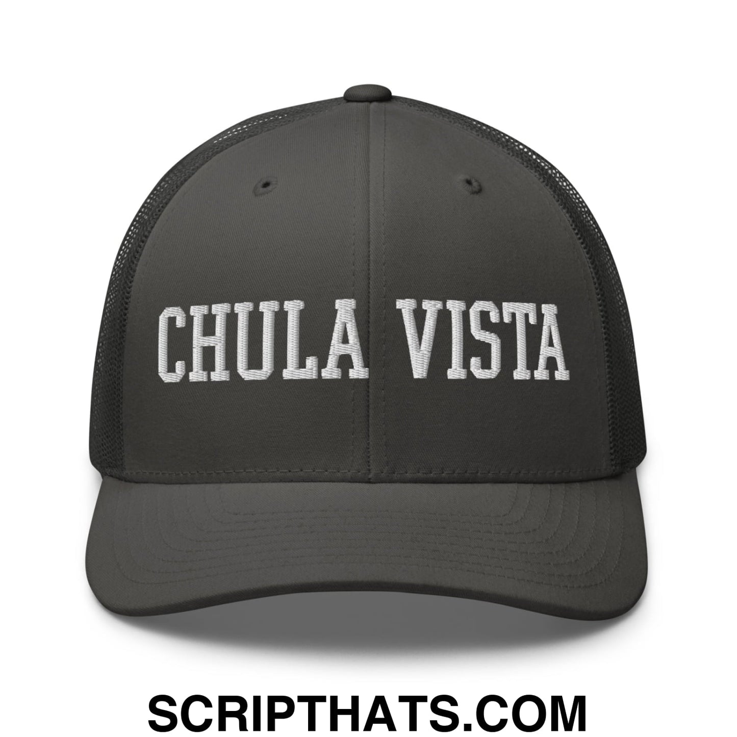 Chula Vista Varsity College Block Embroidered Mesh Trucker Hat Charcoal