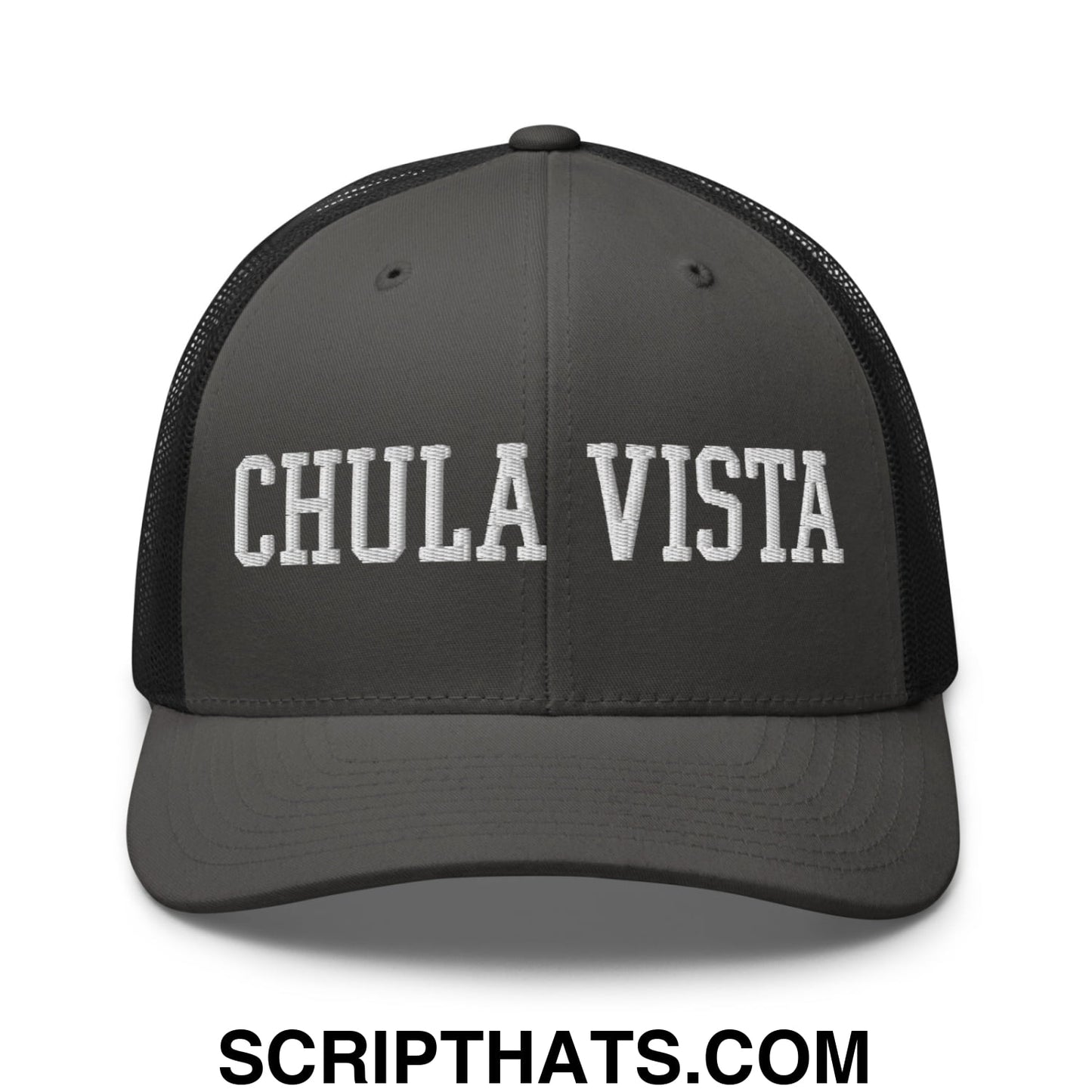 Chula Vista Varsity College Block Embroidered Mesh Trucker Hat Charcoal Black
