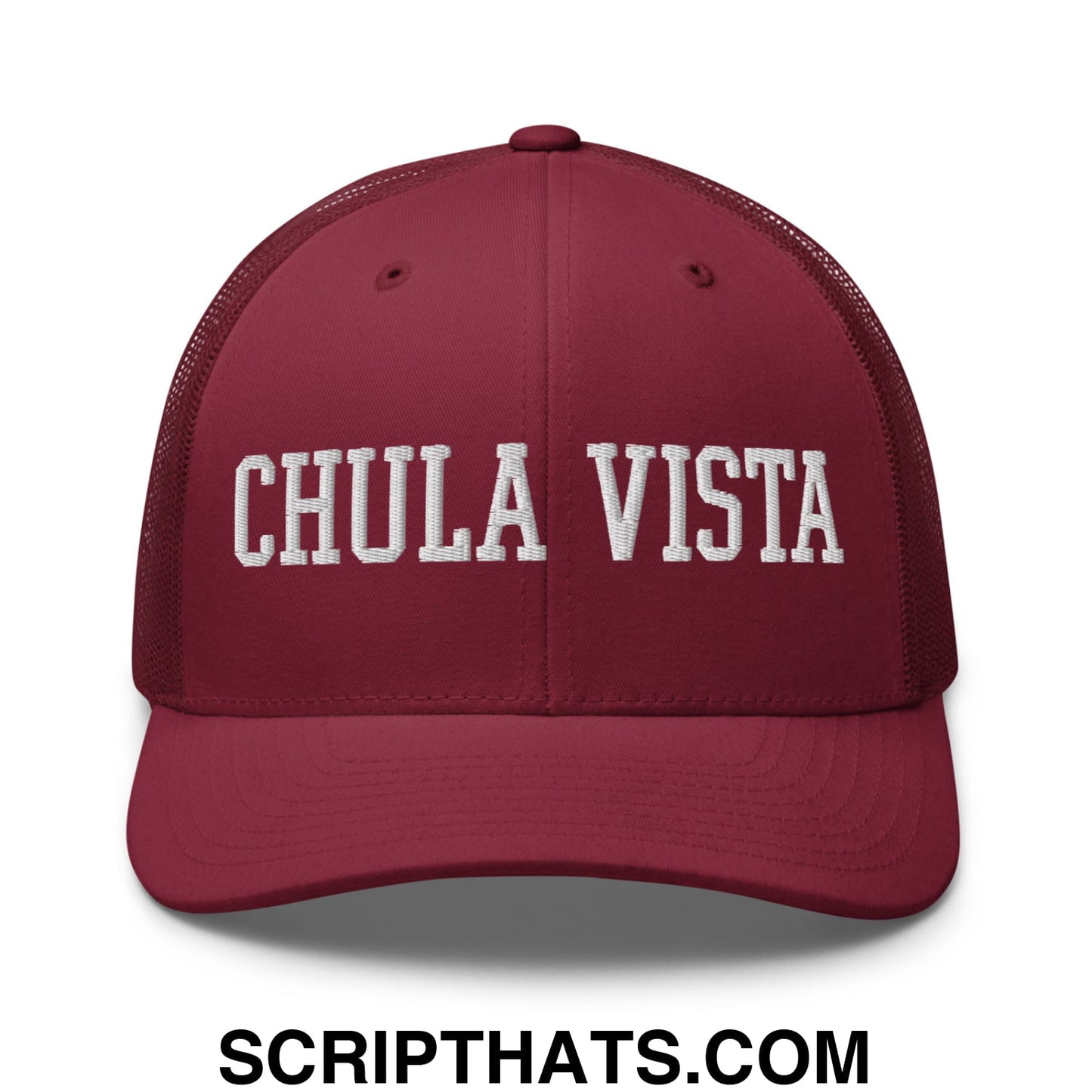 Chula Vista Varsity College Block Embroidered Mesh Trucker Hat Cranberry