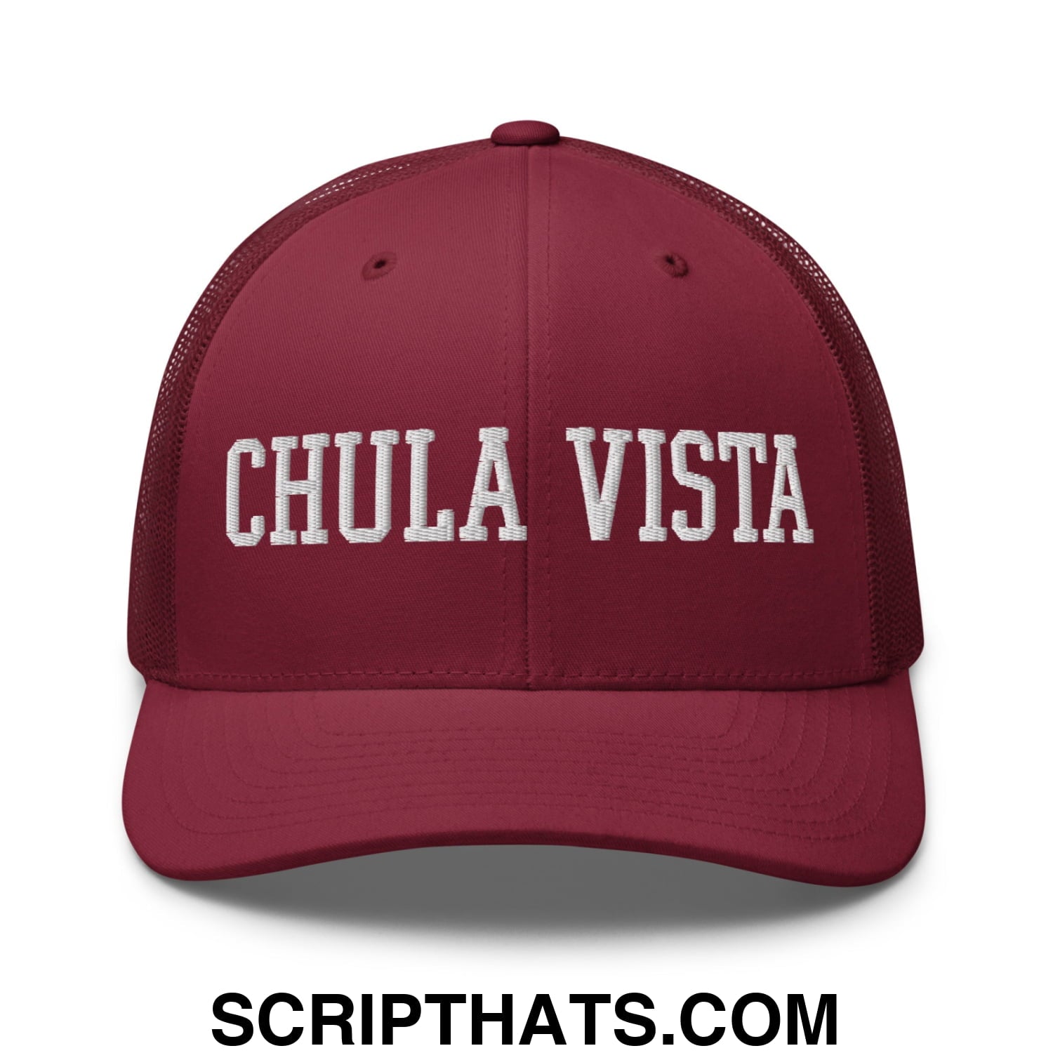 Chula Vista Varsity College Block Embroidered Mesh Trucker Hat Cranberry