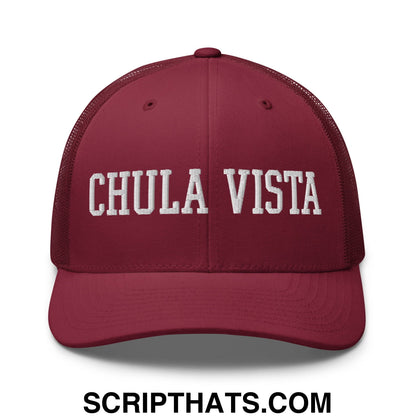 Chula Vista Varsity College Block Embroidered Mesh Trucker Hat Cranberry
