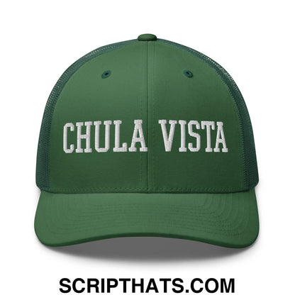 Chula Vista Varsity College Block Embroidered Mesh Trucker Hat Evergreen