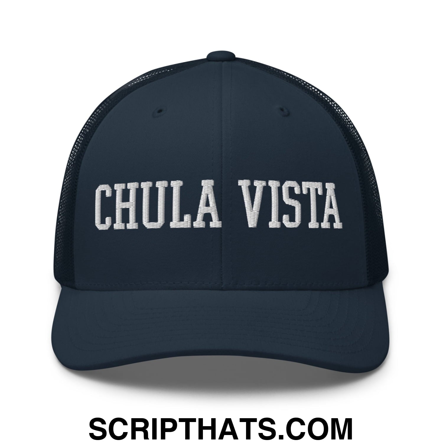 Chula Vista Varsity College Block Embroidered Mesh Trucker Hat Navy