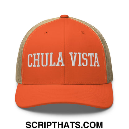 Chula Vista Varsity College Block Embroidered Mesh Trucker Hat Rustic Orange Khaki