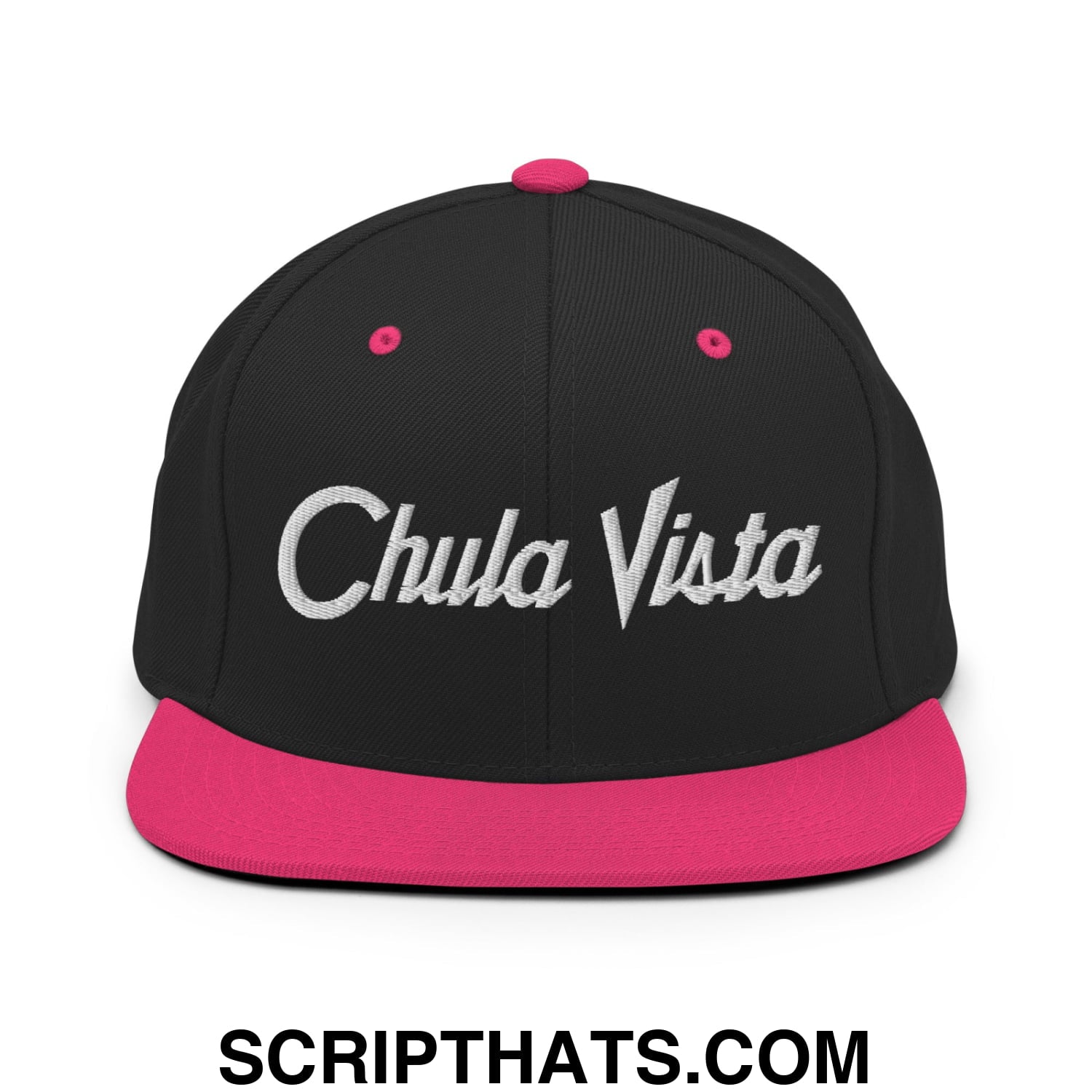 Chula Vista Vintage Sports Script Embroidered Flat Bill Brim Snapback Hat Black Neon Pink