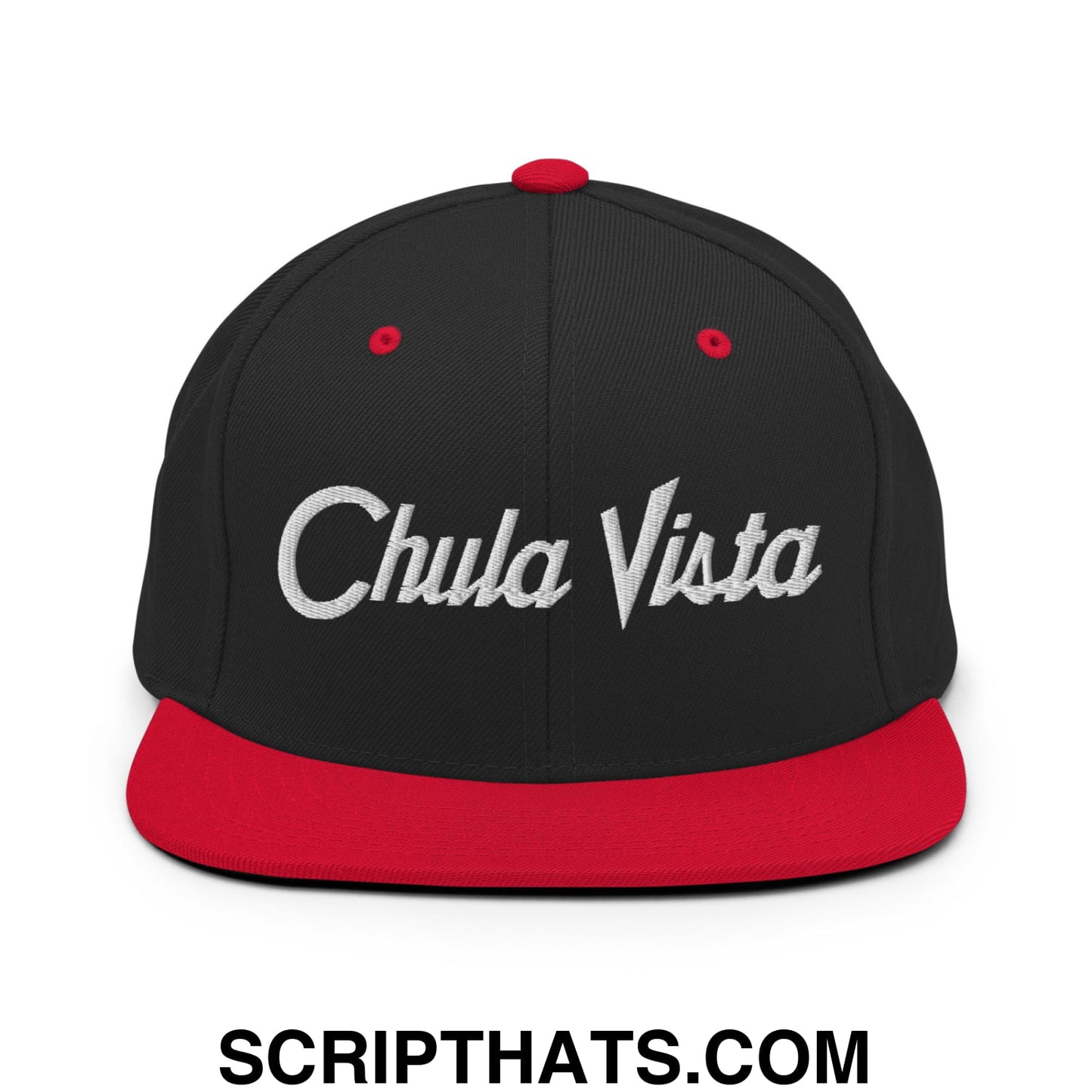 Chula Vista Vintage Sports Script Embroidered Flat Bill Brim Snapback Hat Black Red