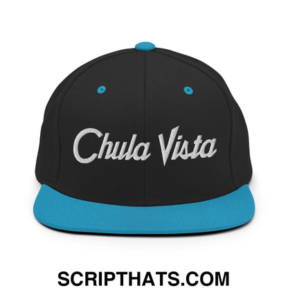 Chula Vista Vintage Sports Script Embroidered Flat Bill Brim Snapback Hat Black Teal