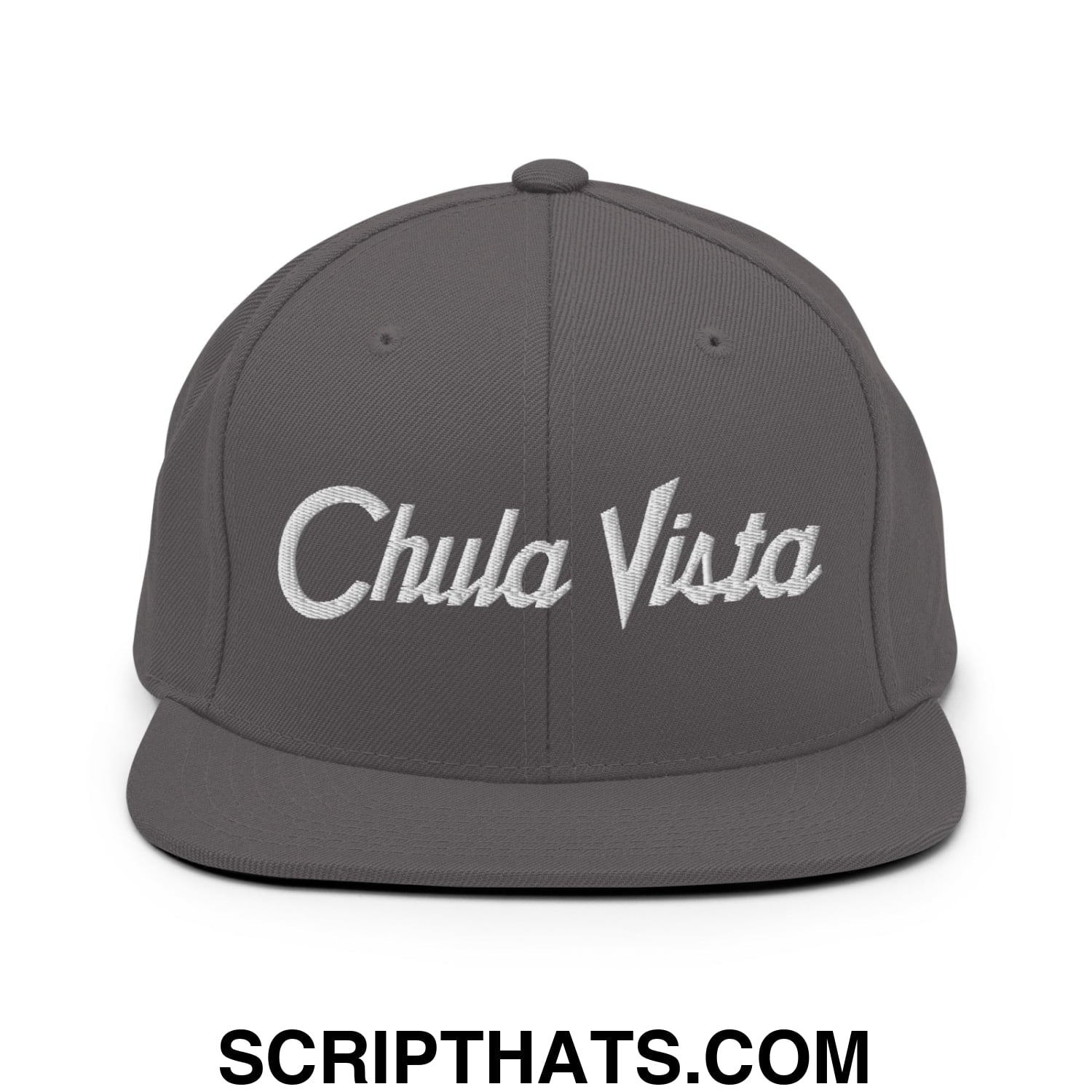 Chula Vista Vintage Sports Script Embroidered Flat Bill Brim Snapback Hat Dark Grey