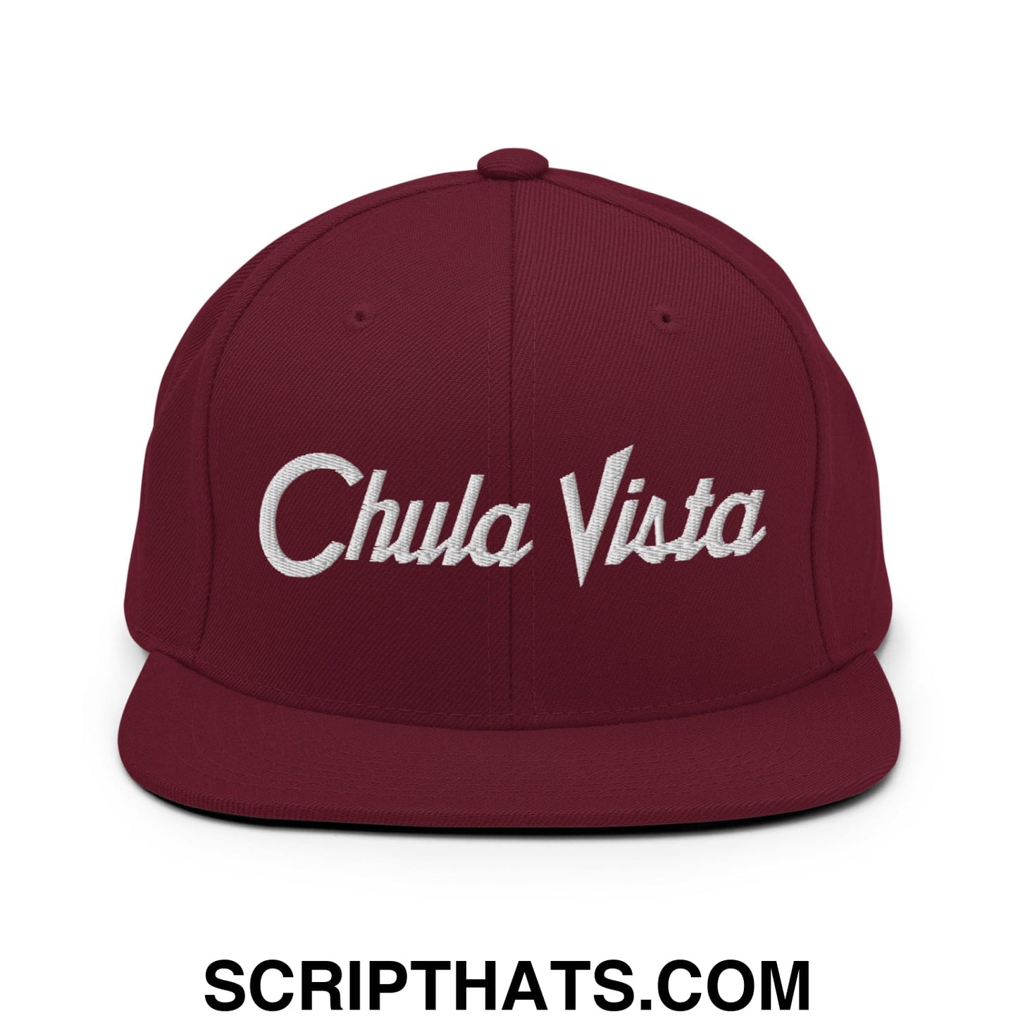 Chula Vista Vintage Sports Script Embroidered Flat Bill Brim Snapback Hat Maroon