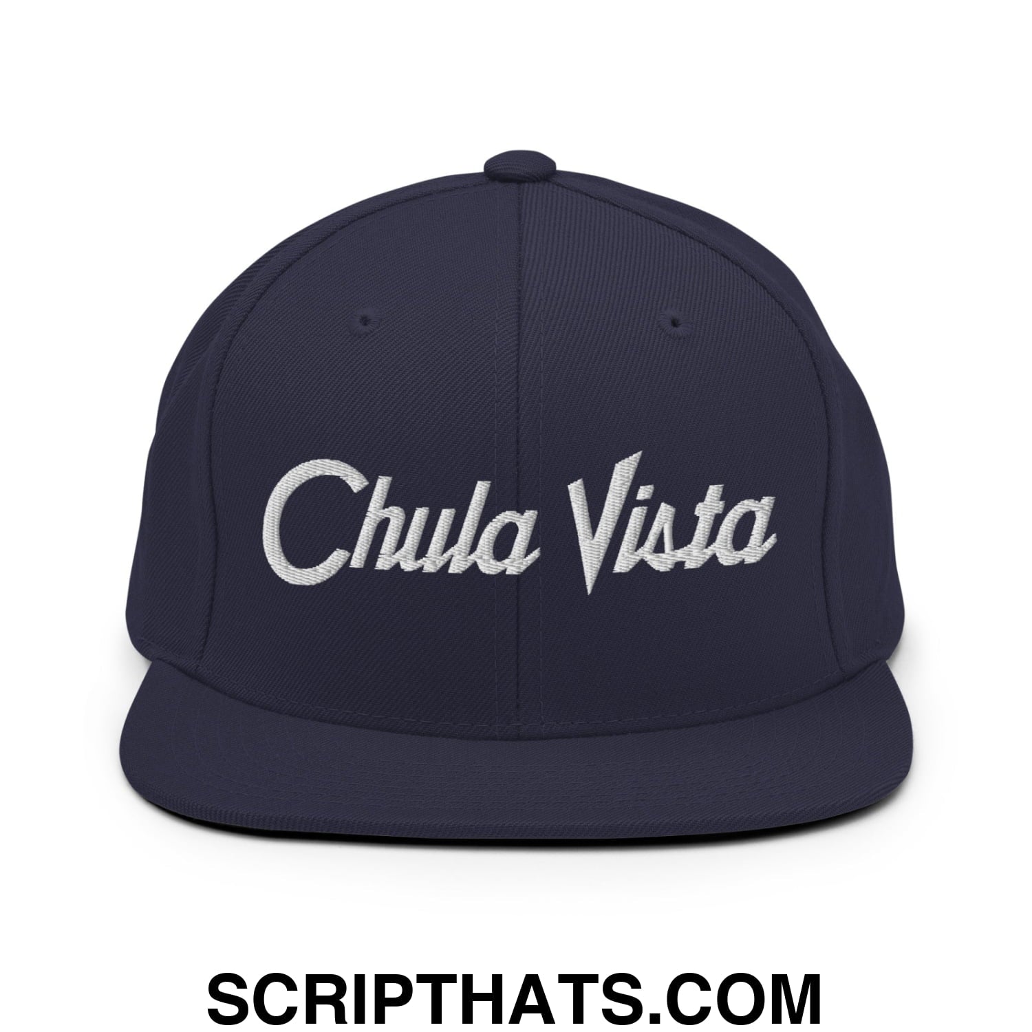 Chula Vista Vintage Sports Script Embroidered Flat Bill Brim Snapback Hat Navy