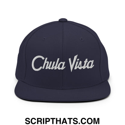 Chula Vista Vintage Sports Script Embroidered Flat Bill Brim Snapback Hat Navy
