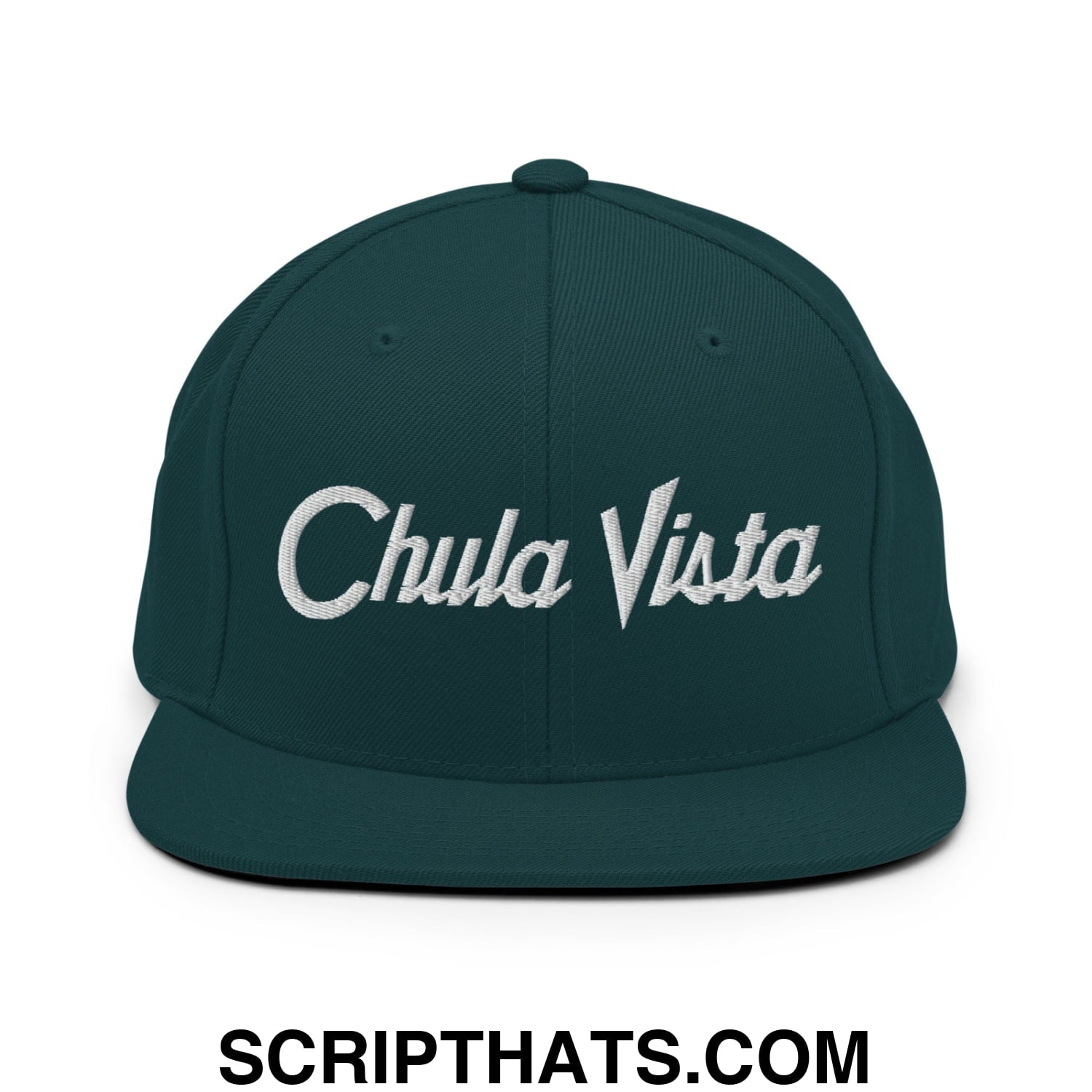 Chula Vista Vintage Sports Script Embroidered Flat Bill Brim Snapback Hat Spruce