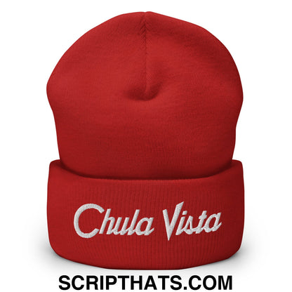 Chula Vista Vintage Sports Script Embroidered Knit Cuffed Beanie Red