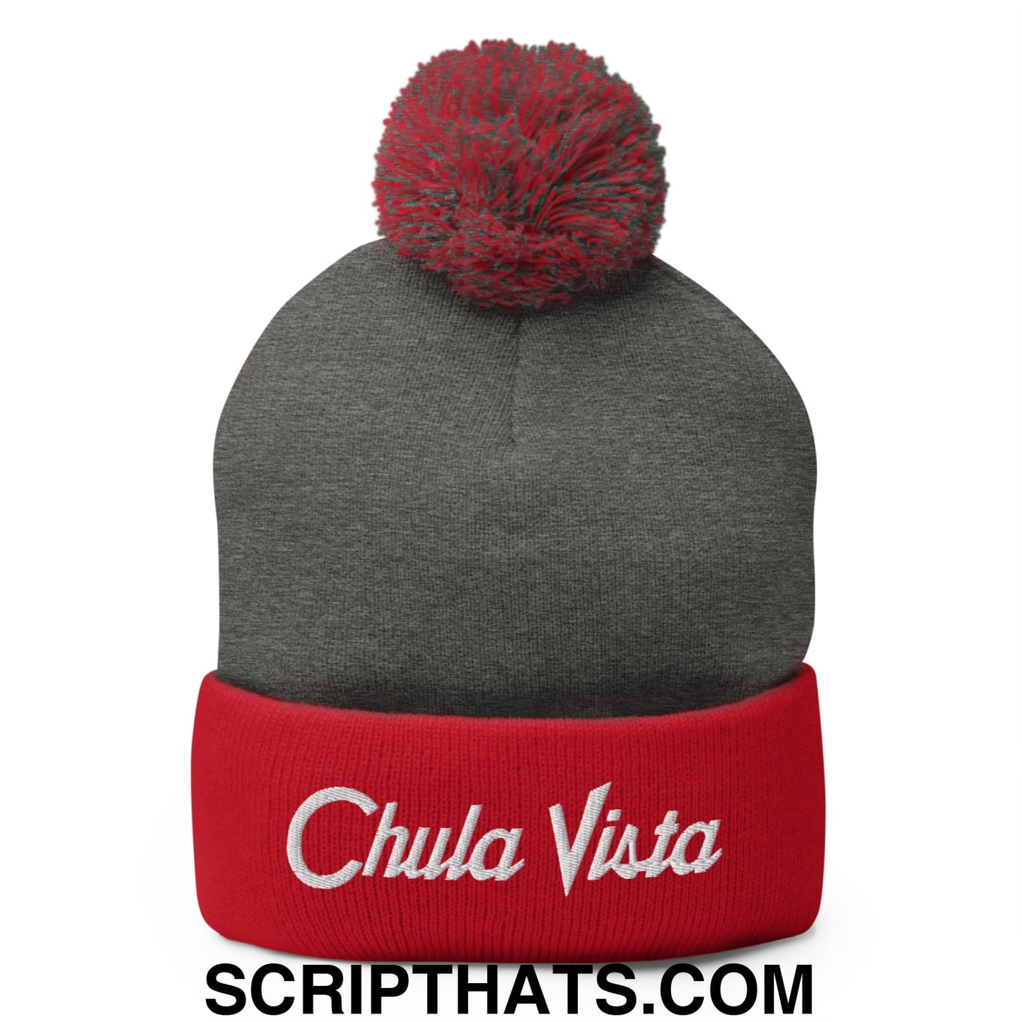 Chula Vista Vintage Sports Script Embroidered Knit Pom Pom Beanie Dark Heather Grey Red