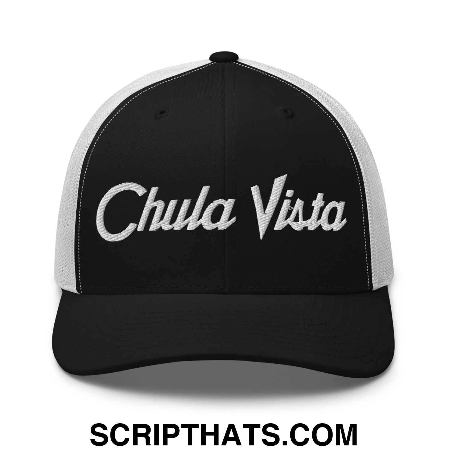 Chula Vista Vintage Sports Script Embroidered Mesh Trucker Hat Black White