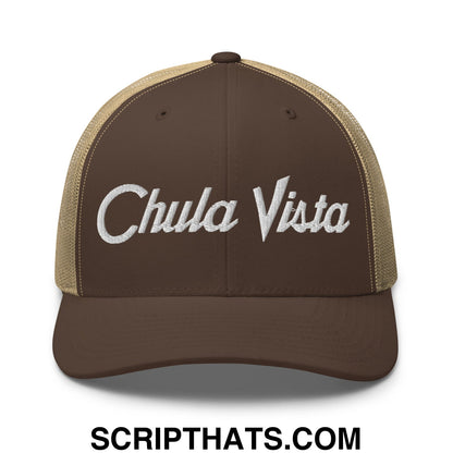 Chula Vista Vintage Sports Script Embroidered Mesh Trucker Hat Brown Khaki