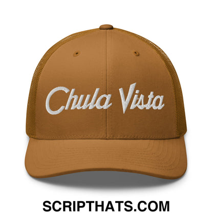Chula Vista Vintage Sports Script Embroidered Mesh Trucker Hat Caramel