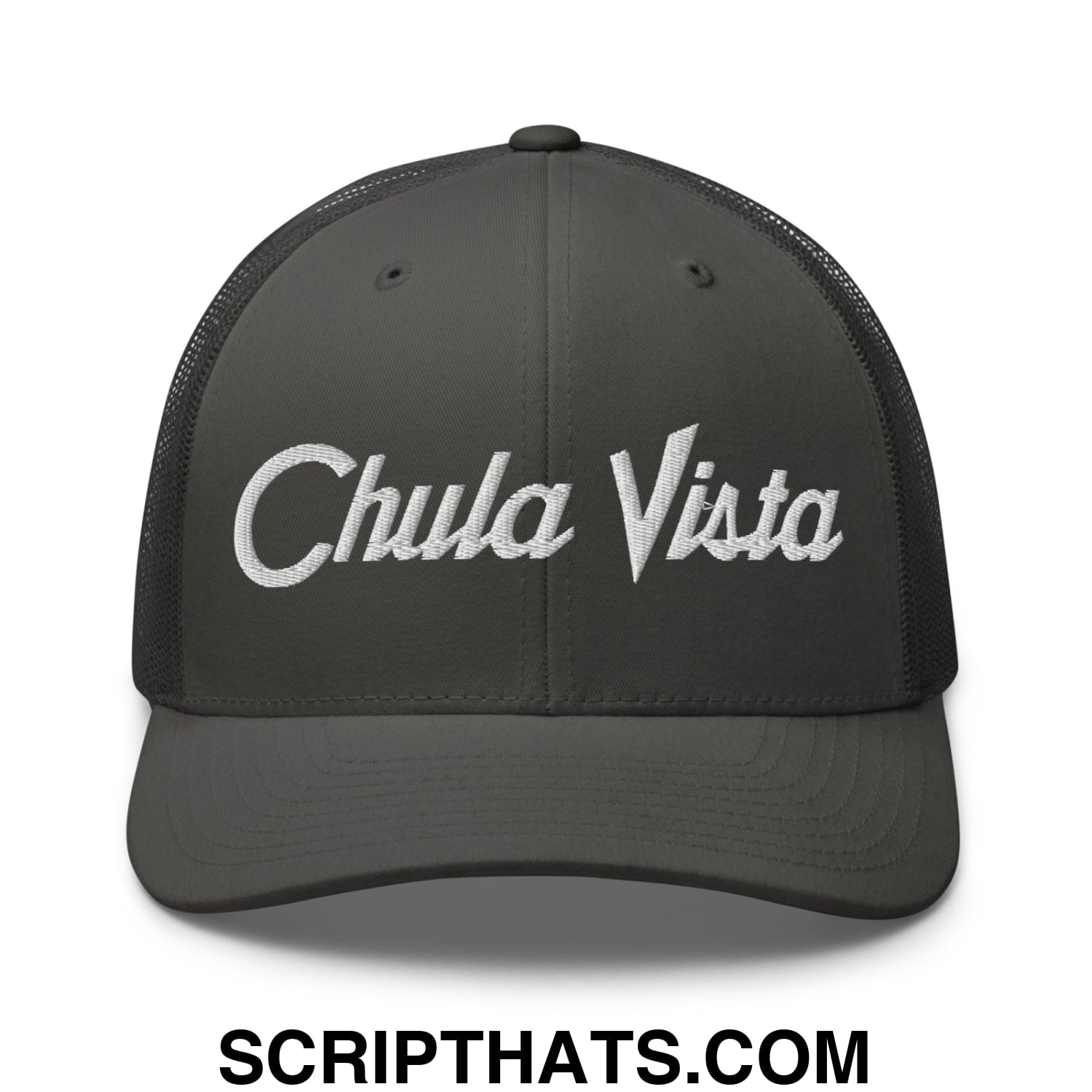 Chula Vista Vintage Sports Script Embroidered Mesh Trucker Hat Charcoal