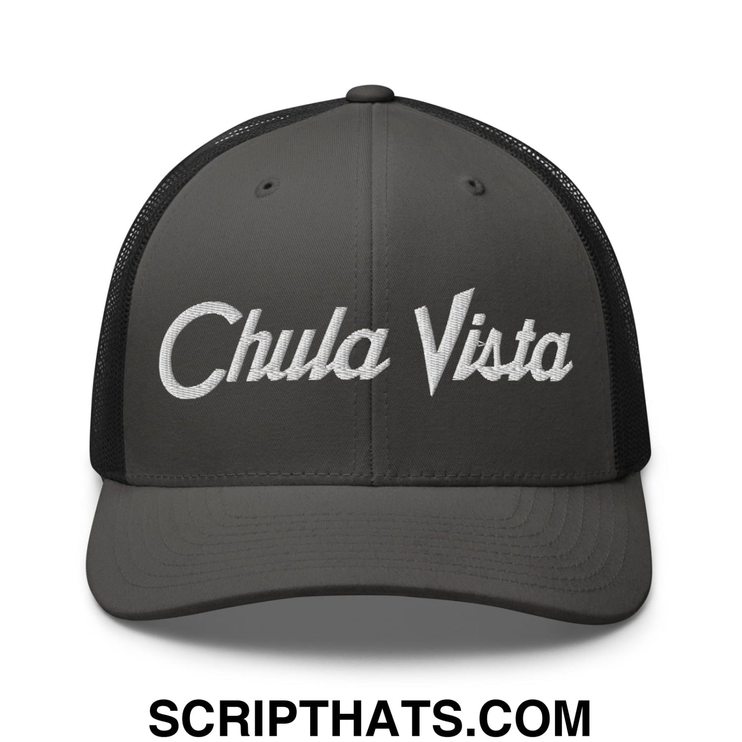 Chula Vista Vintage Sports Script Embroidered Mesh Trucker Hat Charcoal Black