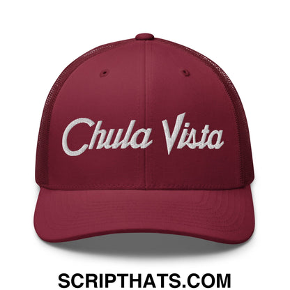 Chula Vista Vintage Sports Script Embroidered Mesh Trucker Hat Cranberry