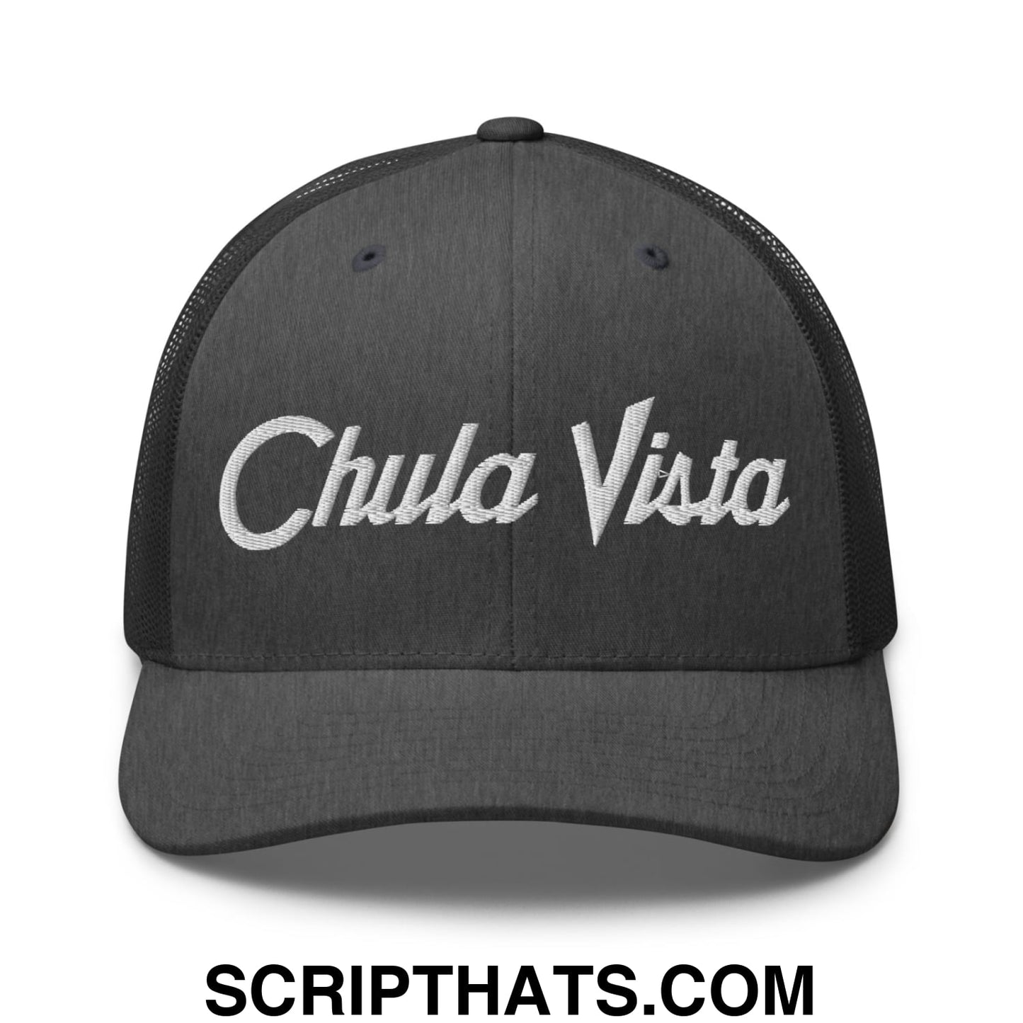 Chula Vista Vintage Sports Script Embroidered Mesh Trucker Hat Dark Heather Gray
