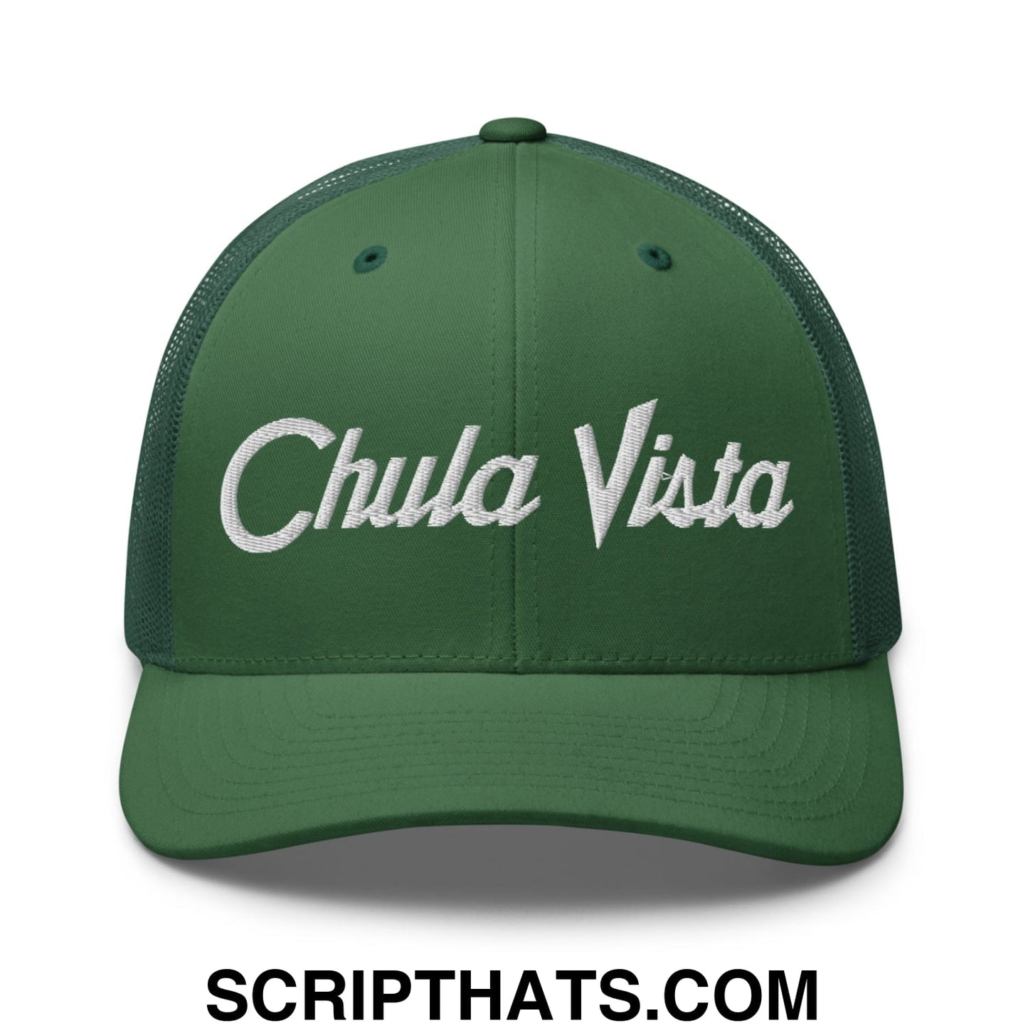 Chula Vista Vintage Sports Script Embroidered Mesh Trucker Hat Evergreen