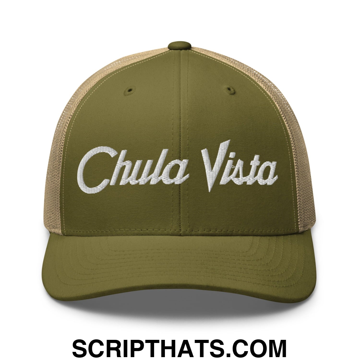 Chula Vista Vintage Sports Script Embroidered Mesh Trucker Hat Moss Khaki
