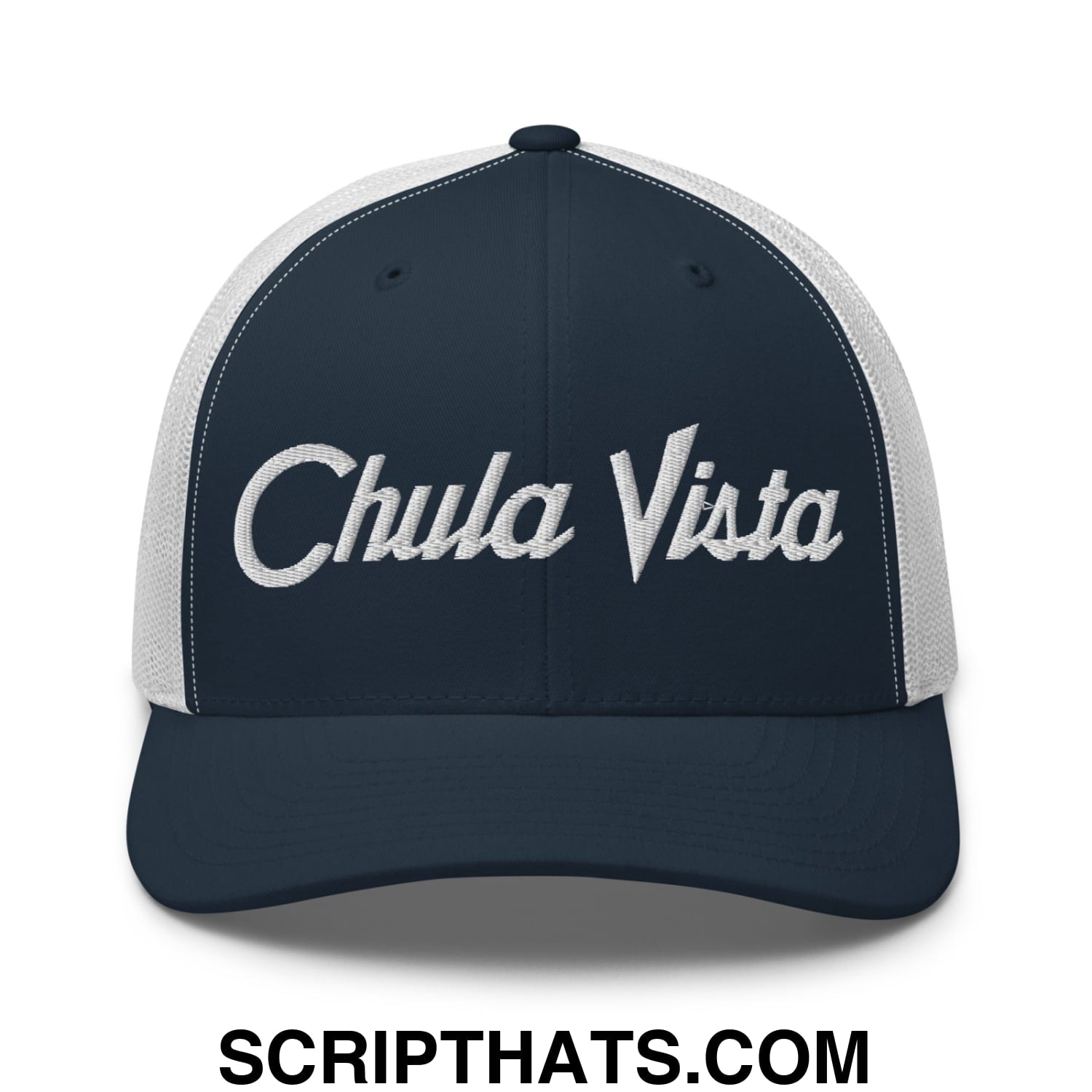 Chula Vista Vintage Sports Script Embroidered Mesh Trucker Hat Navy White
