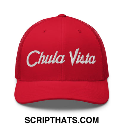 Chula Vista Vintage Sports Script Embroidered Mesh Trucker Hat Red