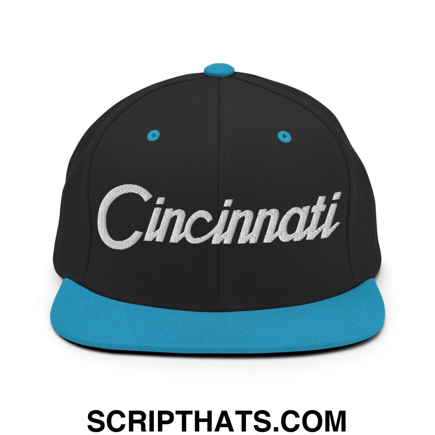 Cincinnati Script Snapback Hat Black Teal