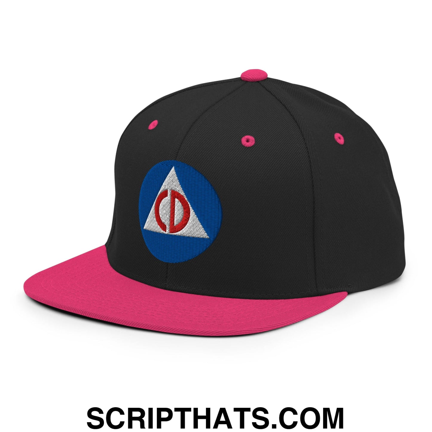 Civil Defense Embroidered Flat Bill Brim Snapback Hat Black Neon Pink