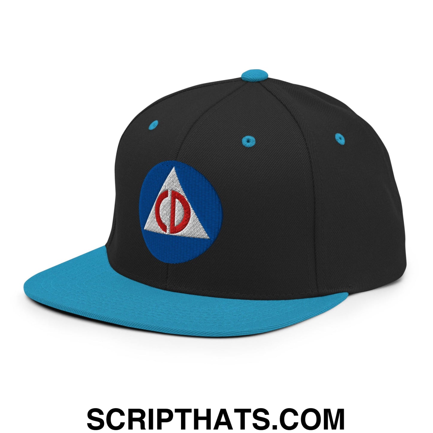Civil Defense Embroidered Flat Bill Brim Snapback Hat Black Teal