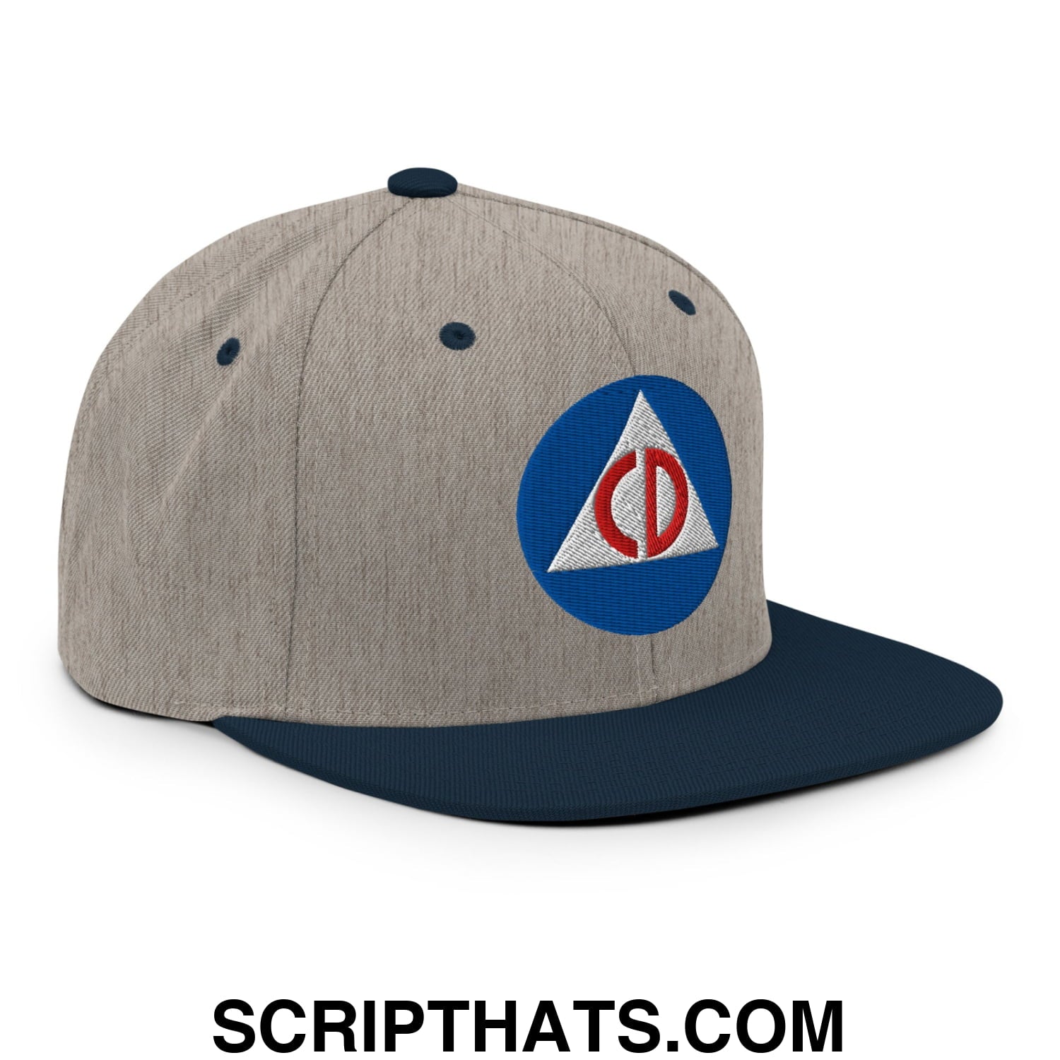 Civil Defense Embroidered Flat Bill Brim Snapback Hat Heather Grey Navy