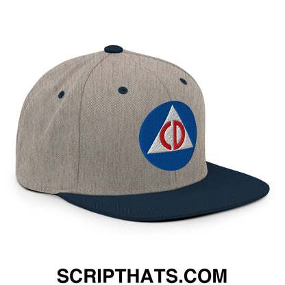 Civil Defense Embroidered Flat Bill Brim Snapback Hat Heather Grey Navy