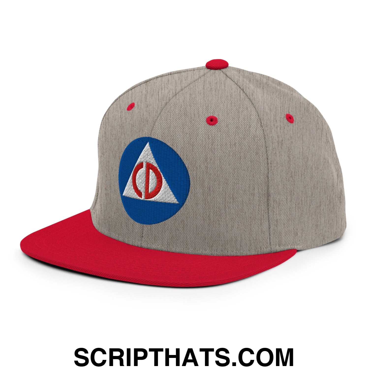 Civil Defense Embroidered Flat Bill Brim Snapback Hat Heather Grey Red