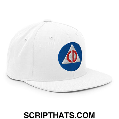 Civil Defense Embroidered Flat Bill Brim Snapback Hat White
