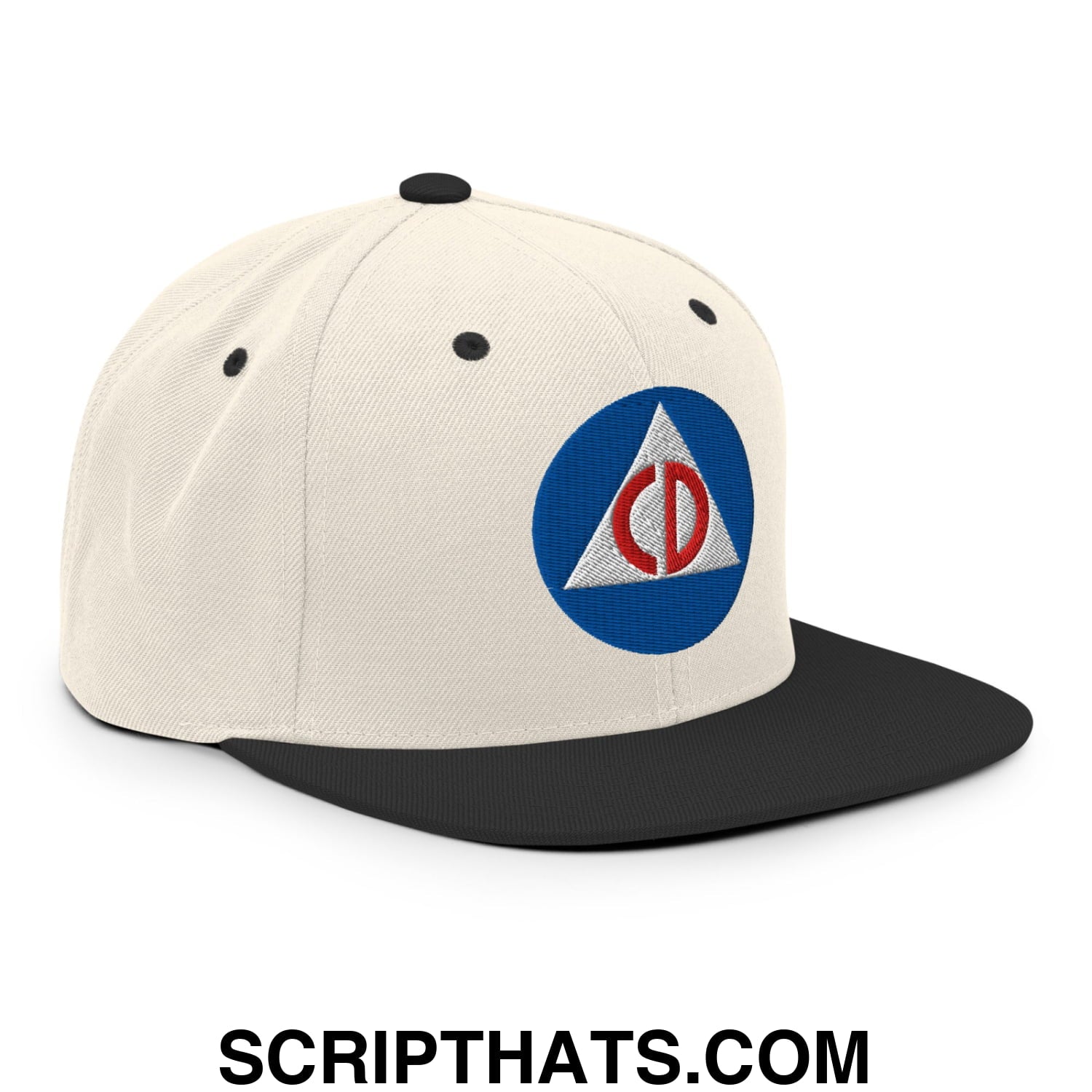 Civil Defense Embroidered Flat Bill Brim Snapback Hat Natural Black