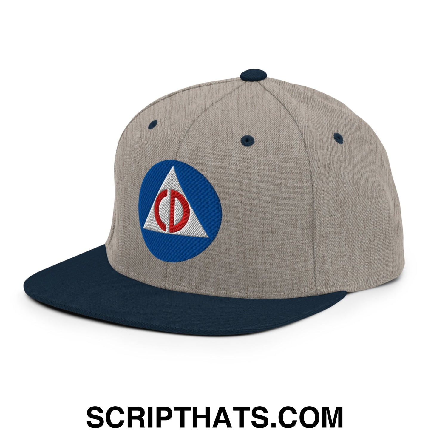 Civil Defense Embroidered Flat Bill Brim Snapback Hat Heather Grey Navy