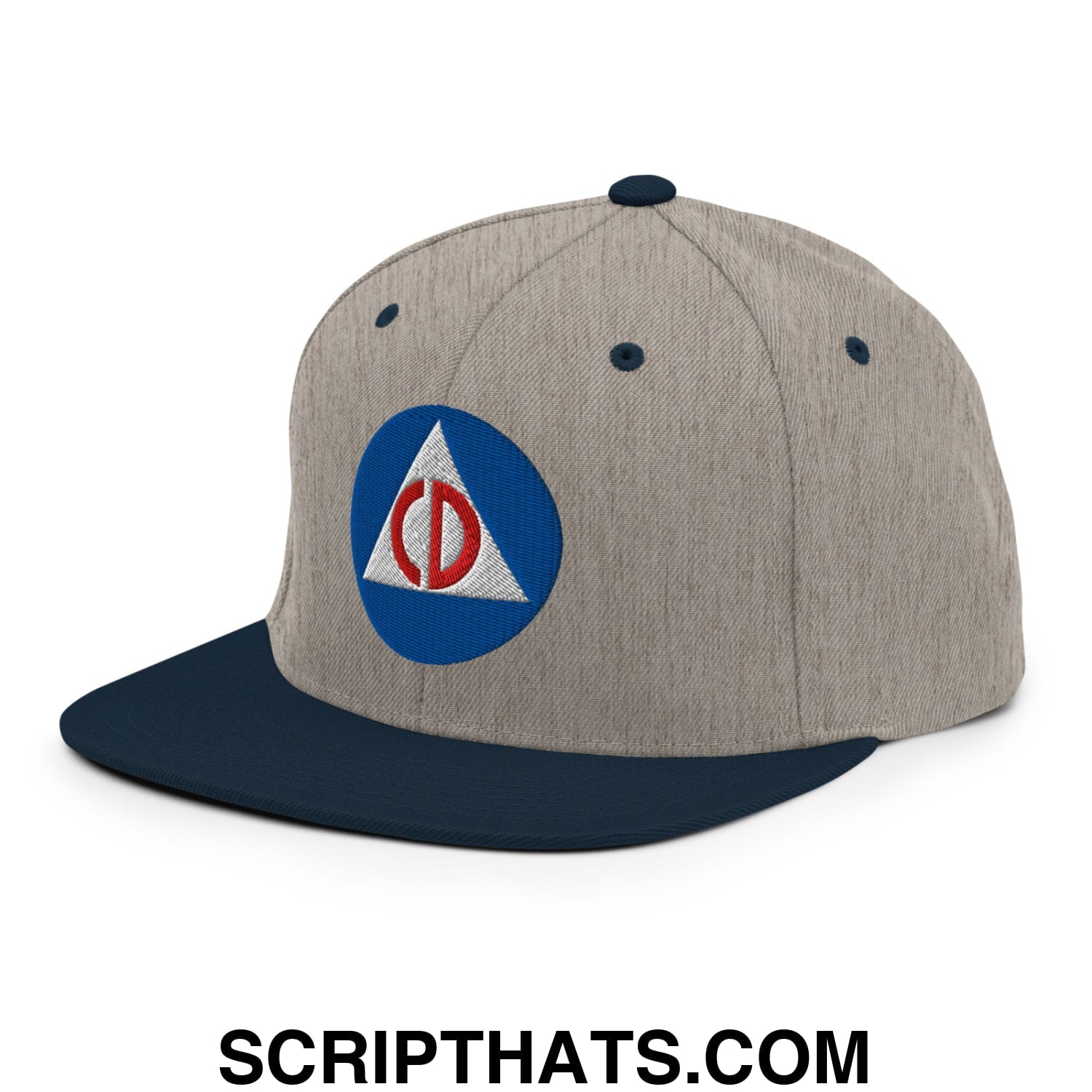 Civil Defense Embroidered Flat Bill Brim Snapback Hat Heather Grey Navy