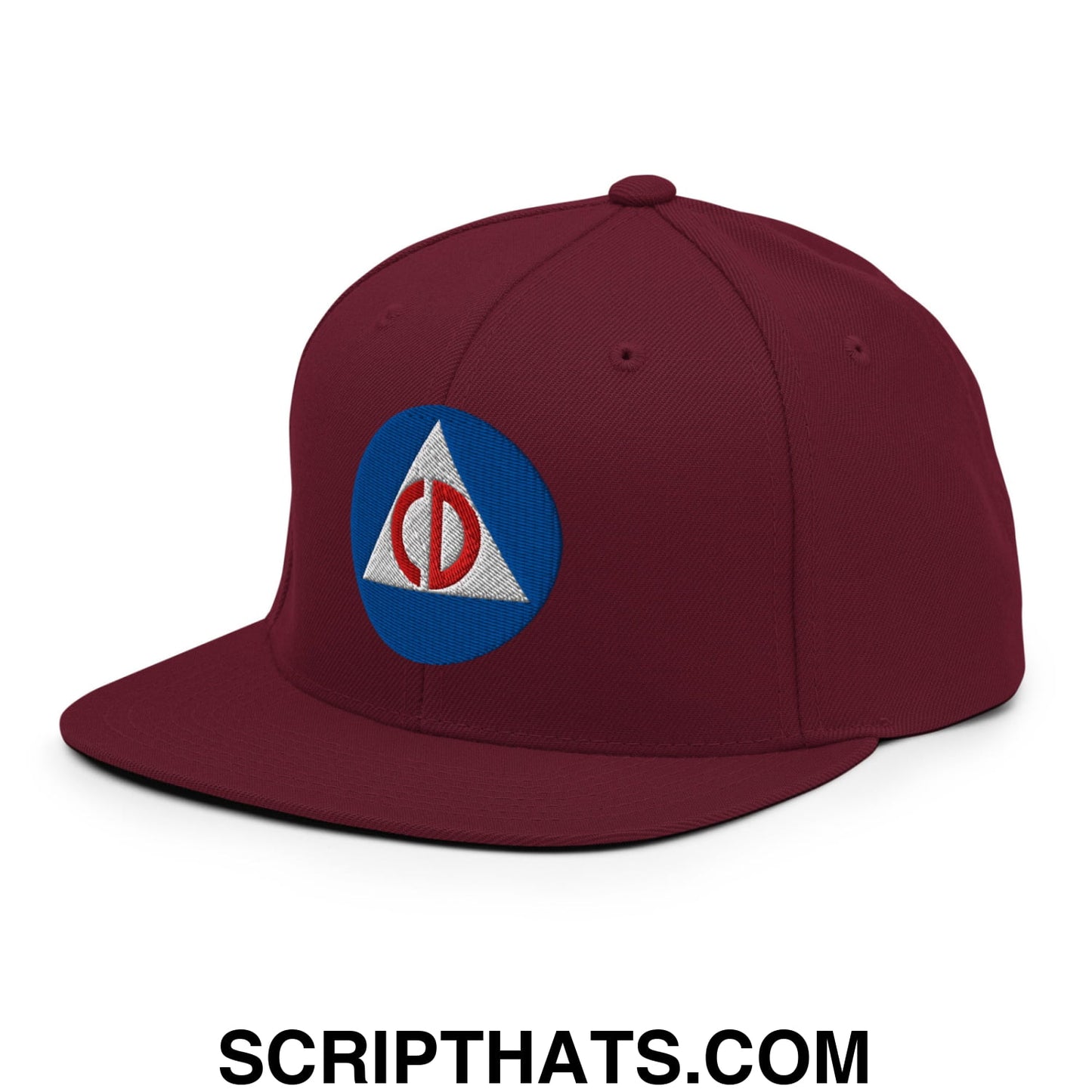 Civil Defense Embroidered Flat Bill Brim Snapback Hat Maroon