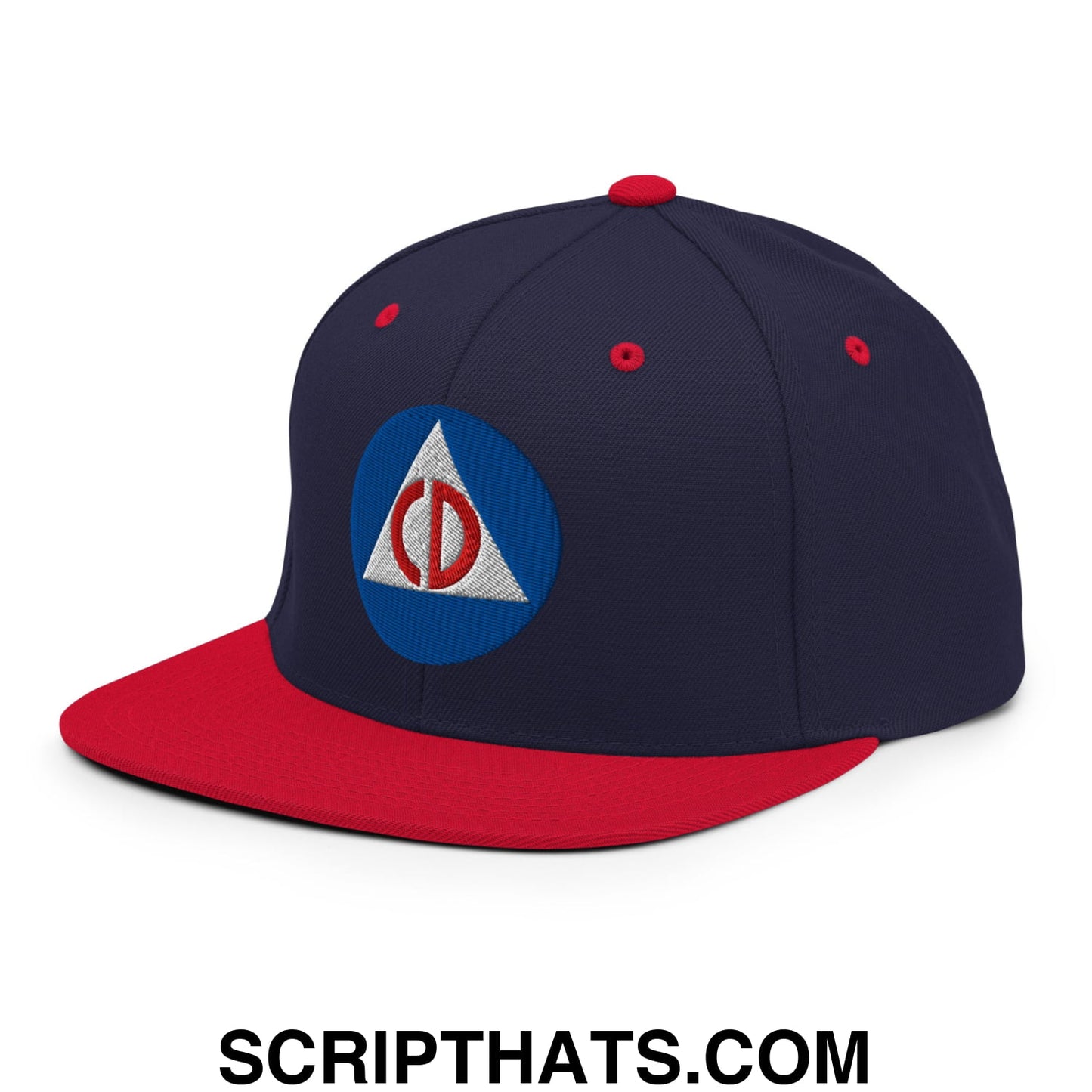 Civil Defense Embroidered Flat Bill Brim Snapback Hat Navy Red