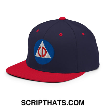 Civil Defense Embroidered Flat Bill Brim Snapback Hat Navy Red