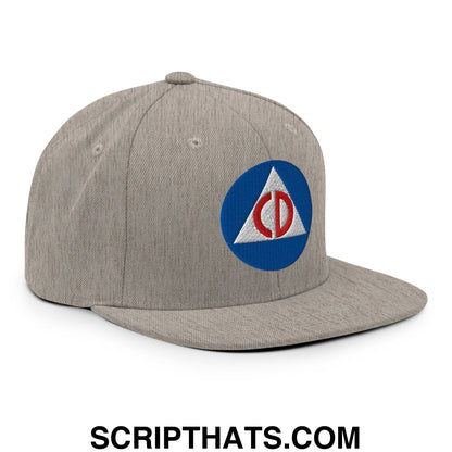 Civil Defense Embroidered Flat Bill Brim Snapback Hat Heather Grey