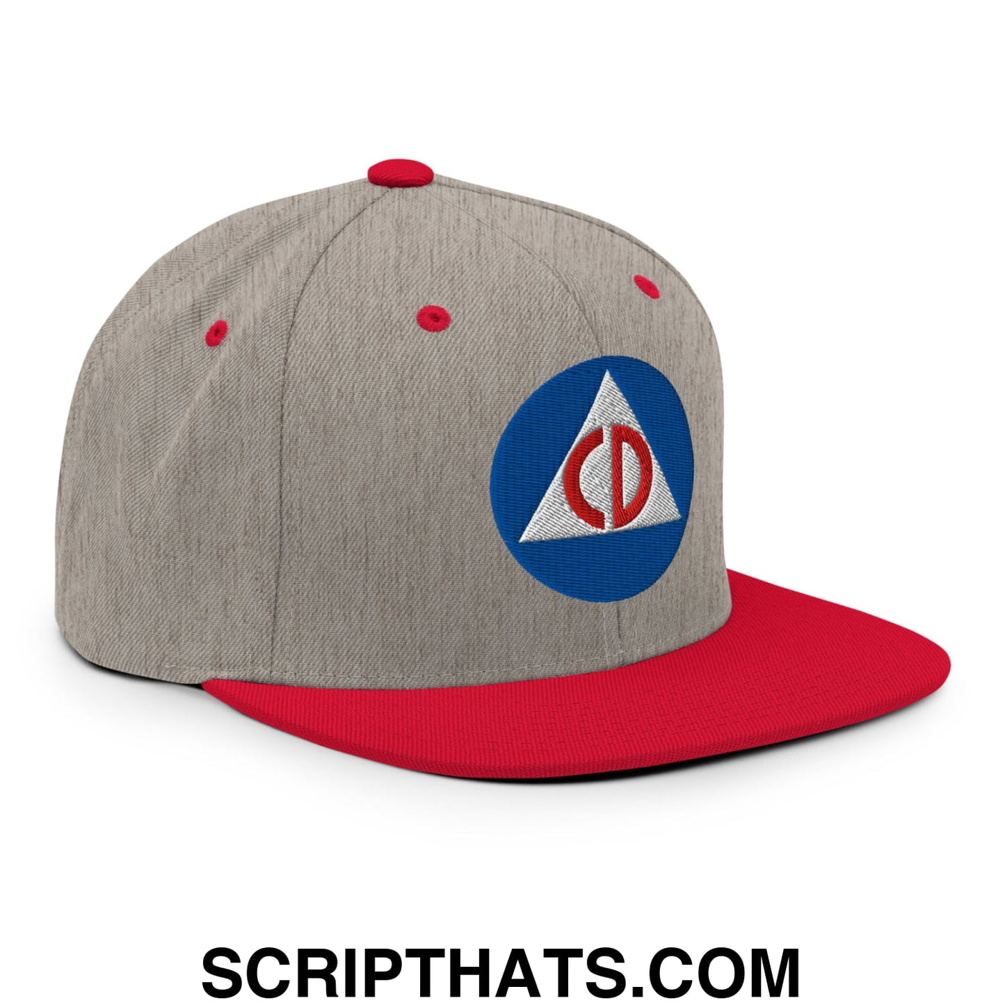 Civil Defense Embroidered Flat Bill Brim Snapback Hat Heather Grey Red