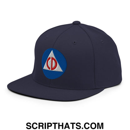 Civil Defense Embroidered Flat Bill Brim Snapback Hat Navy