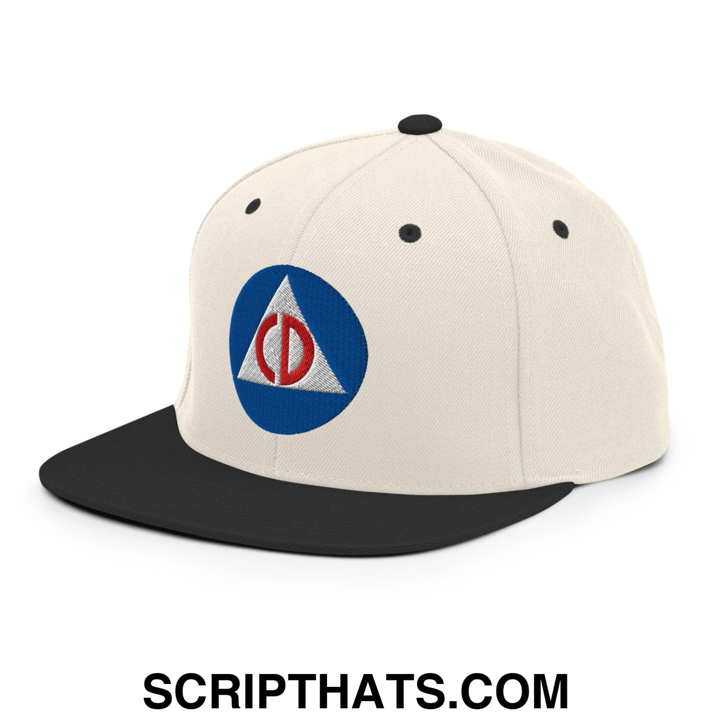 Civil Defense Embroidered Flat Bill Brim Snapback Hat Natural Black