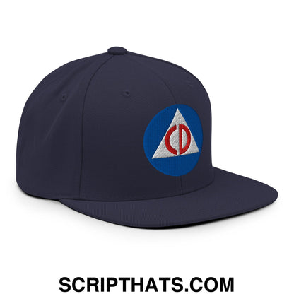 Civil Defense Embroidered Flat Bill Brim Snapback Hat Navy